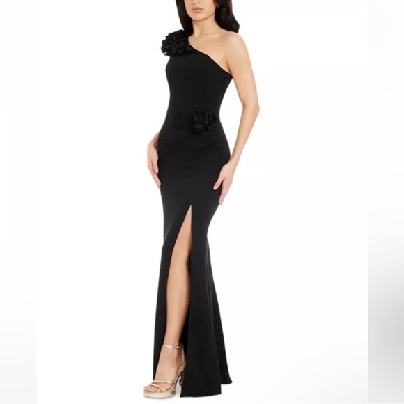 NWOT Dress the Population Black Aubrielle Rosette One Shoulder Maxi Gown sz M - Picture 3 of 9